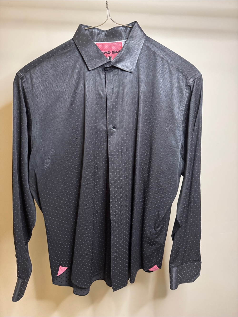 Men's Black Dot-Pattern Dress Shirt with Pink Accent Trim